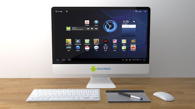 A sleek desktop setup featuring an Android interface on a monitor with keyboard and mouse.