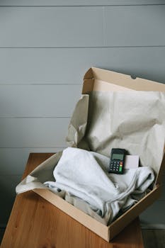 Cardboard box containing a folded shirt and a payment terminal, perfect for e-commerce themes.