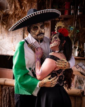 Couple in traditional Día de los Muertos costumes embracing in Mexico City.